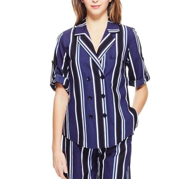 Pearl by Lela Rose Striped Camper Button blue and white down top. Xsmall - Picture 1 of 2